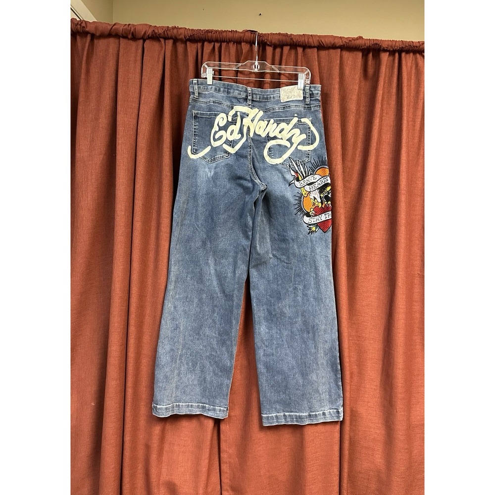 Ed Hardy Brave Hearts Stay True Eagle Womens Wide Leg Jeans Sz 34 Y2K Streetwear